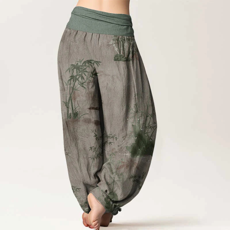 Buddha Stones Cotton Casual Bamboo Rock Ink Painting Women's Elastic Waist Harem Pants