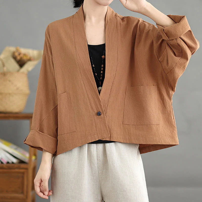 Buddha Stones Casual Vintage Plain Long Sleeve Open Front Cardigan Cotton Linen Jacket With Pockets