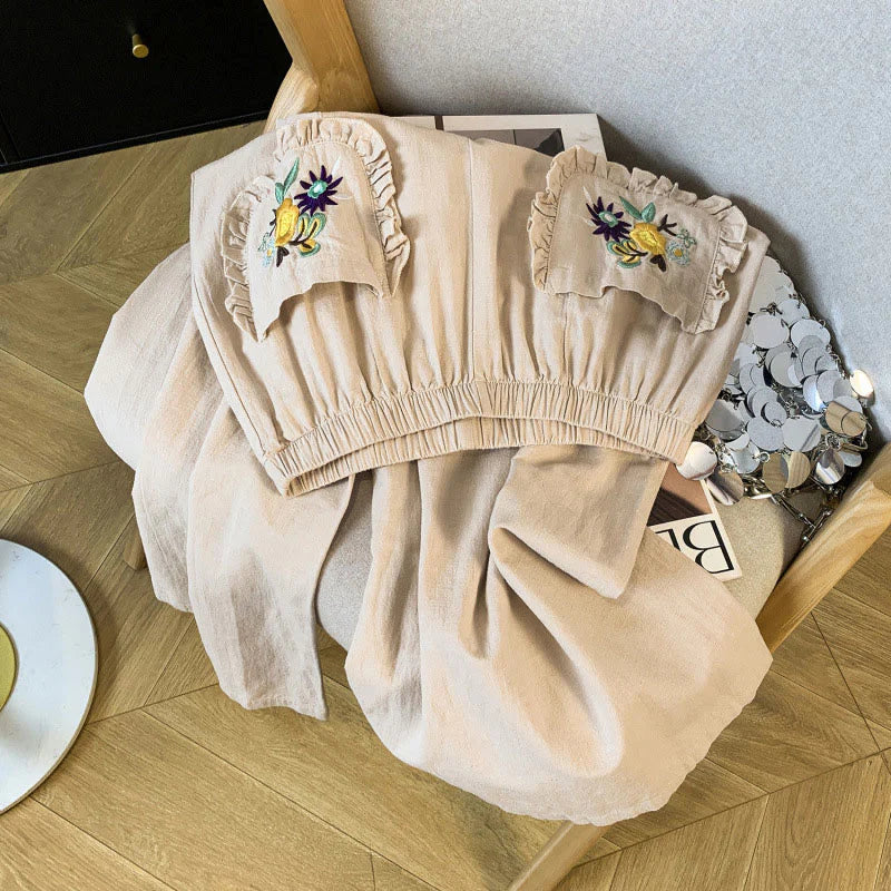 Buddha Stones Casual Beige Embroidery Women's Wide Leg Cotton Linen Pants With Pockets