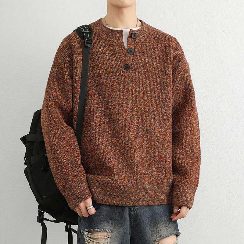 Buddha Stones Winter V-Neck Buttons Ribbed Design Warm Men's Long Sleeve Knitted Sweater