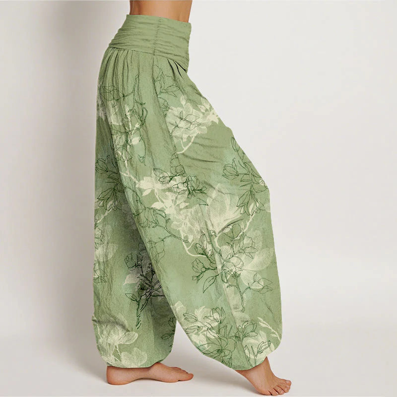 Buddha Stones Cotton Fresh Flower Bud Pattern Women's Elastic Waist Harem Pants