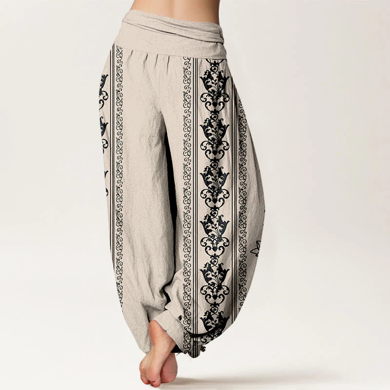Buddha Stones Cotton Lotus Flowers Double Dorje Vajra Namaste Om Design Women's Elastic Waist Harem Pants