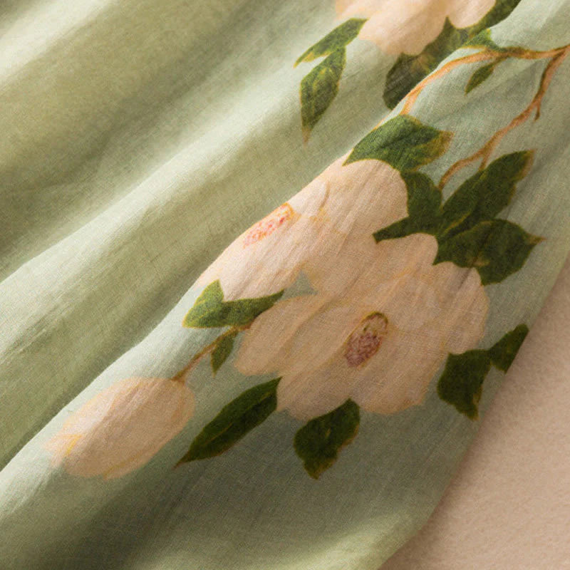 Buddha Stones Lightgreen Casual Artistic Printing Flower Pattern Chinese Frog-Button Design Women's Cotton Linen Long Sleeve Shirt Cardigan