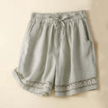 Buddha Stones Plain Color Bottom Hollow Lace Design Lace-up Cotton Women's Shorts With Pockets