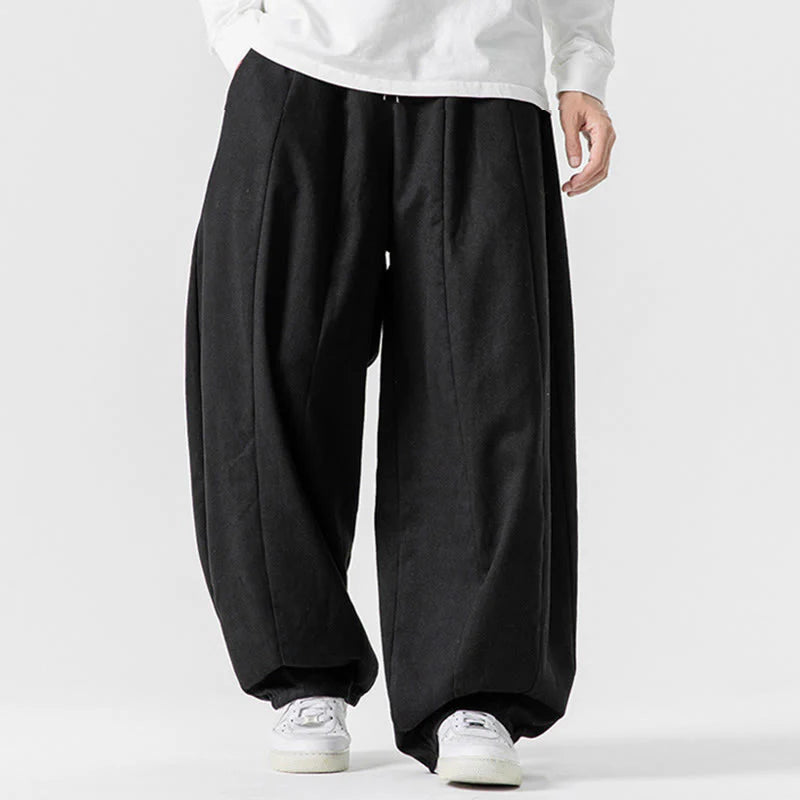 Buddha Stones Winter Commute Plain Drawstring Design Men's Wide Leg Cotton Pants With Pockets