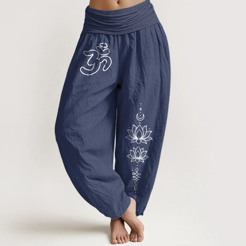 Buddha Stones Pure Cotton Minimalist Design Om Symbol Lotus Moon Pattern Women's Elastic Waist Harem Pants