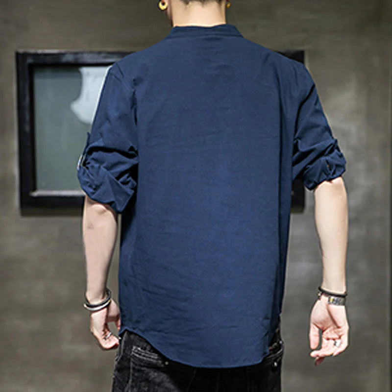 Buddha Stones Summer Solid Men's Half Buttons Half Sleeve Linen Shirt