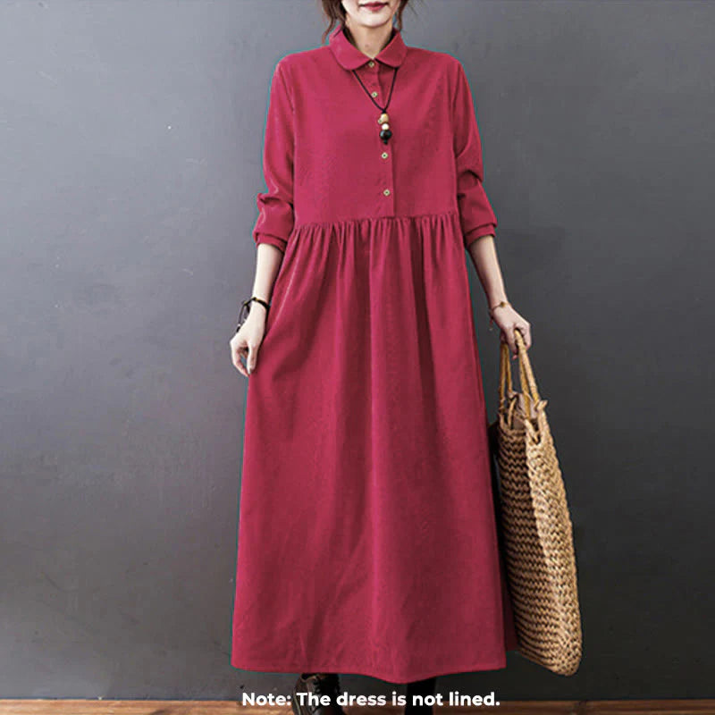 Buddha Stones Fall Buttons Design Long Sleeve Cotton Corduroy Midi Dress With Pockets