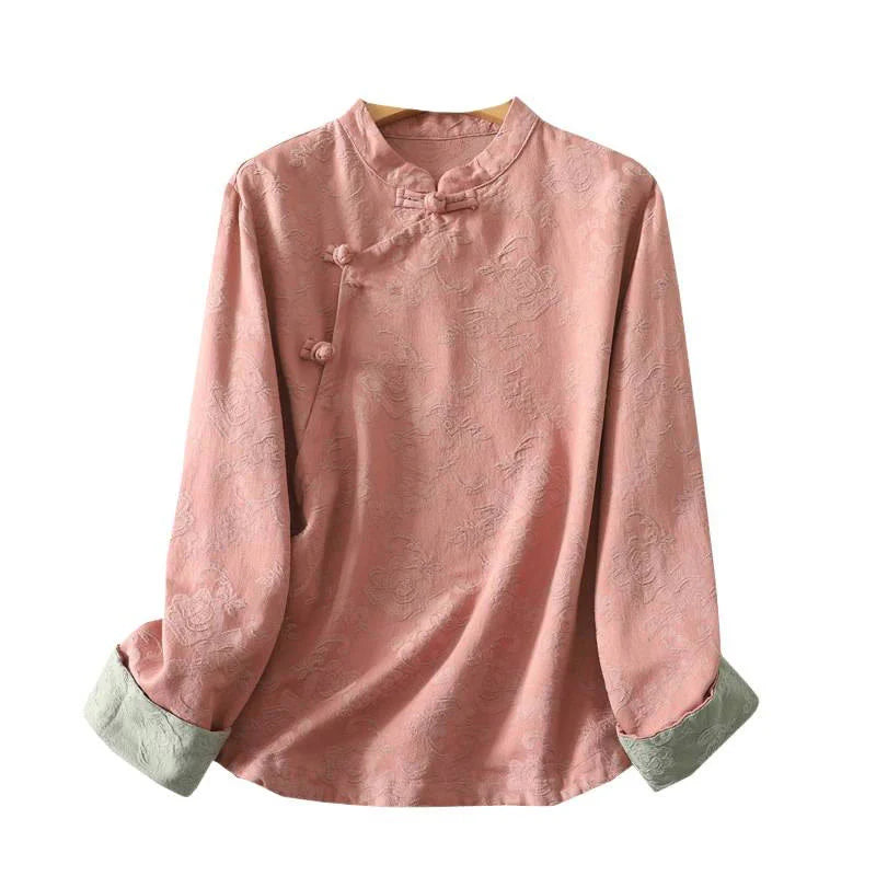 Buddha Stones Spring Plain Jacquard Design Women's Cotton Zen Long Sleeve Shirt