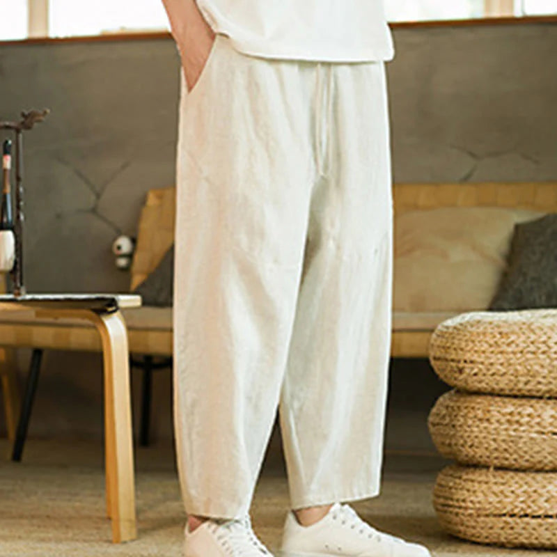 Buddha Stones Casual Retro Solid Color Simple Design Drawstring Men's Linen Elastic Waistband Harem Pants With Pockets