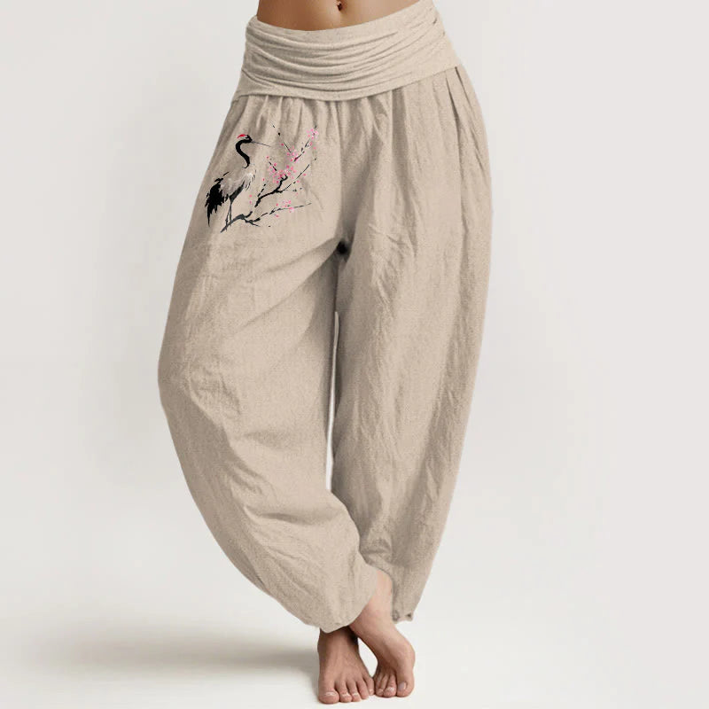 Buddha Stones Crane Blooming Branches Pattern Women's Elastic Waist Harem Pure Cotton Pants
