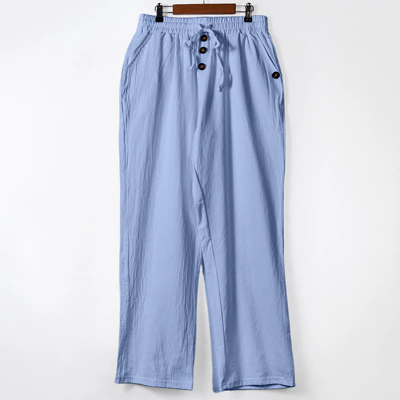 Buddha Stones Solid Color Buttons Drawstring Men's Cotton Pants With Pockets