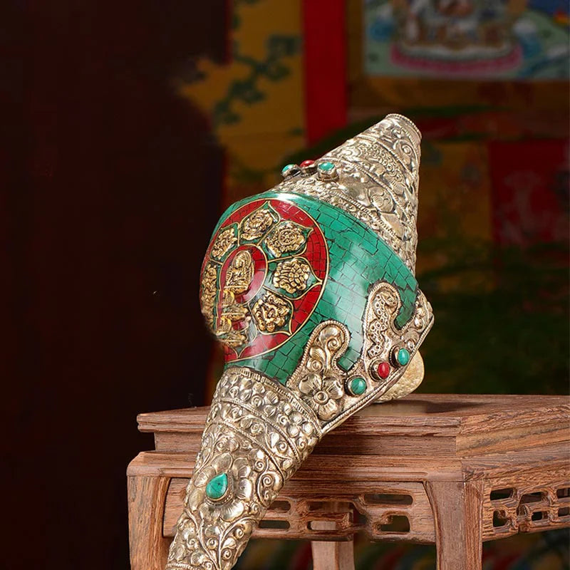 Buddha Stones Tibetan Handmade Engraved Shankha Double Dorje Buddha Conch Shell Wealth Positive Decoration