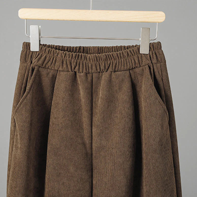 Buddha Stones Plain Elastic Waist Patchwork Plaid Women's Ankle-Length Wide Leg Corduroy Pants
