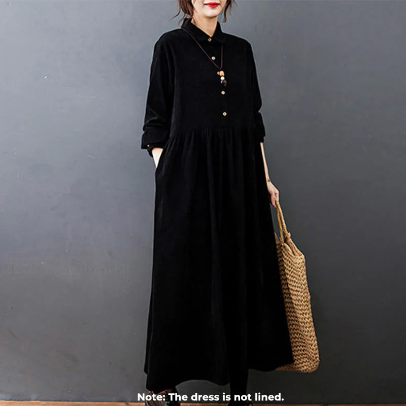 Buddha Stones Fall Buttons Design Long Sleeve Cotton Corduroy Midi Dress With Pockets