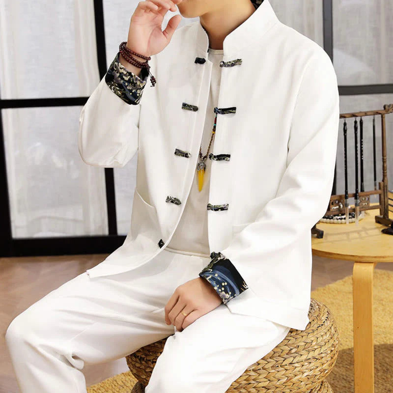 Buddha Stones 2Pcs Tang Suit Frog-Button Men's Waves Long Sleeve Shirt Pants Clothing Set