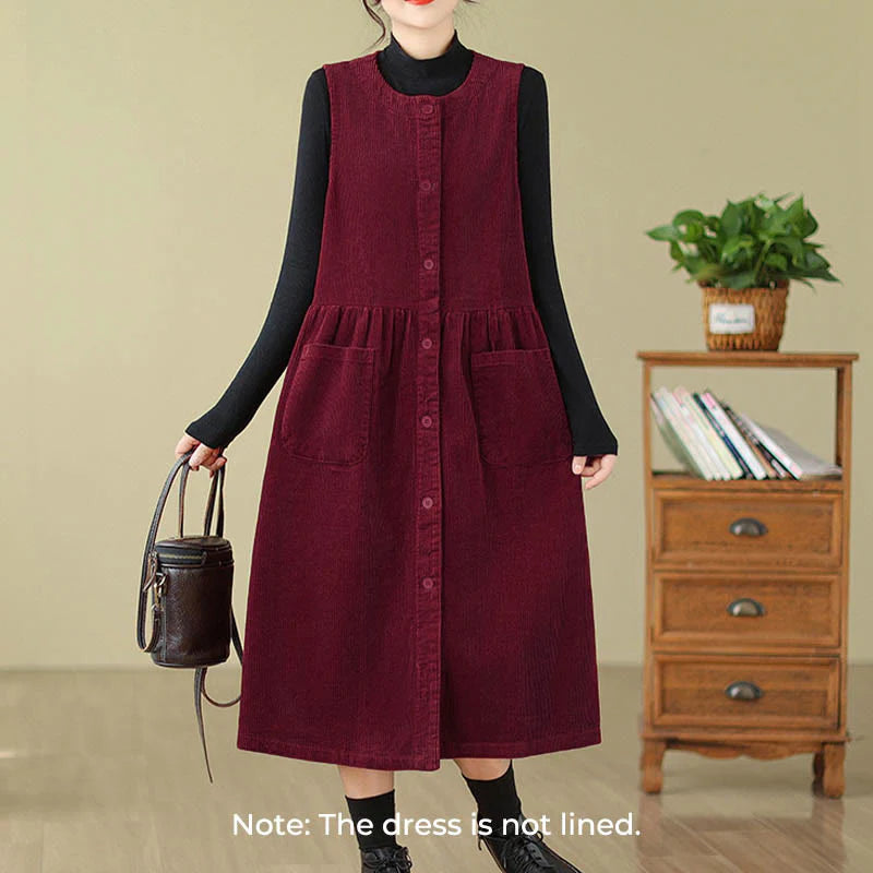 Buddha Stones Fall Retro Buttons Design Corduroy Sleeveless Midi Dress With Pockets