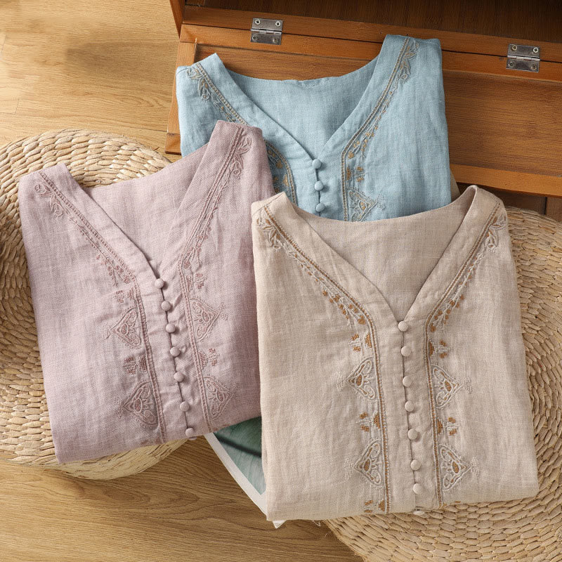 Buddha Stones Casual Embroidery Single Breasted Button Polyester Half Sleeve Women's V-neck Shirt