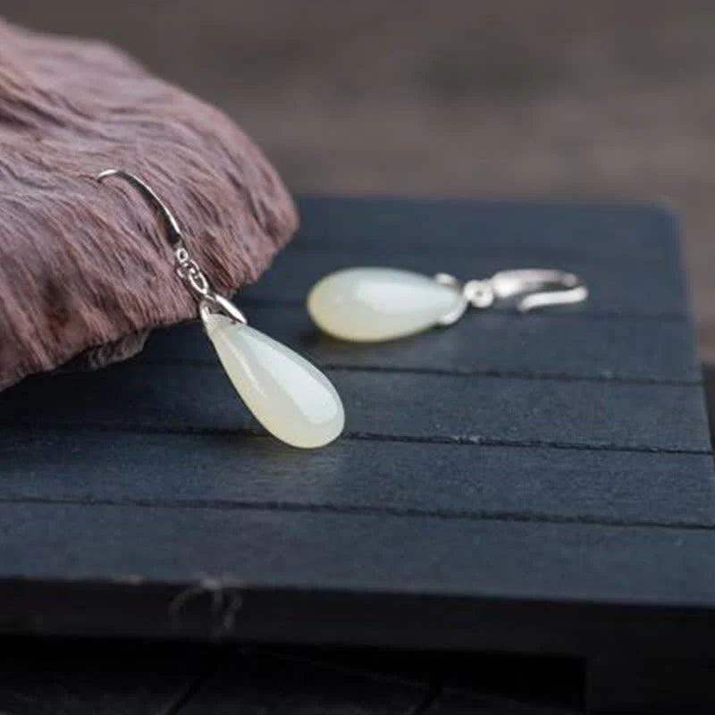 Buddha Stones Hetian White Jade Water Drop Luck Blessing Dangle Earrings (Extra 30% Off | USE CODE: FS30)