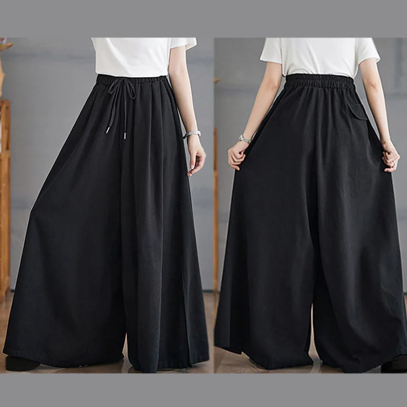 Buddha Stones Retro Leg Opening Slit Design Women's Wide Leg Pants With Pockets