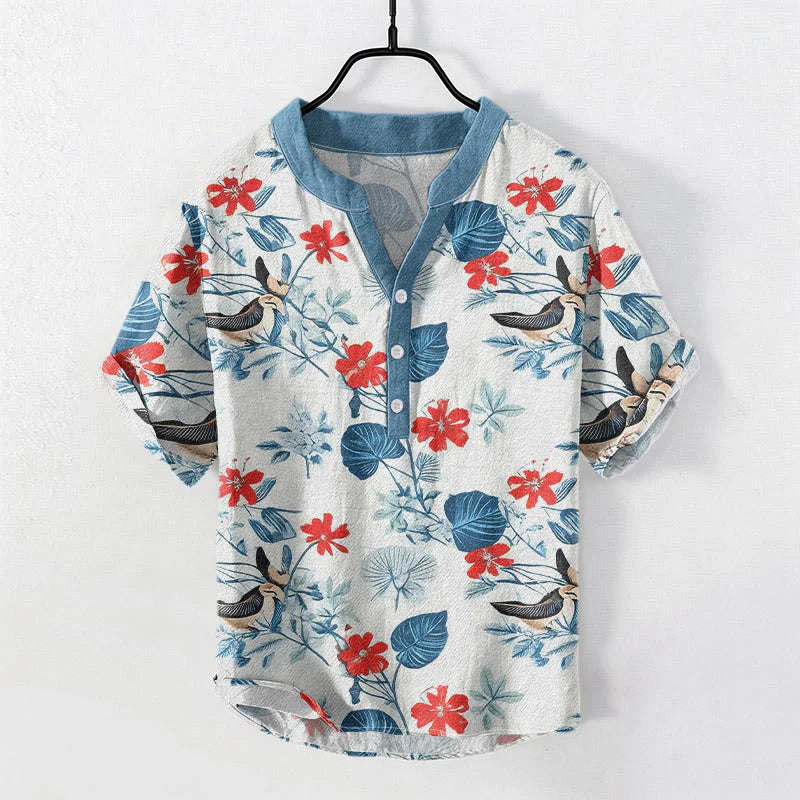 Buddha Stones Cotton Tropical Floral Bird Pattern Men's Short Sleeve Half Button Shirt
