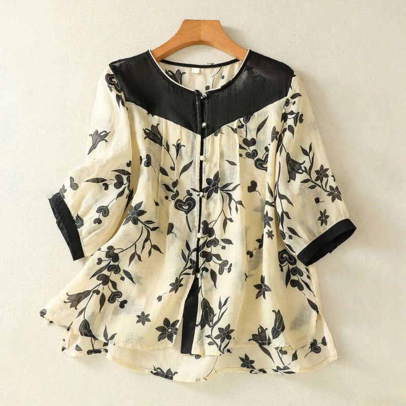 Buddha Stones Printing Floral Buttons Color Contrast Half Sleeve Women's Shirt