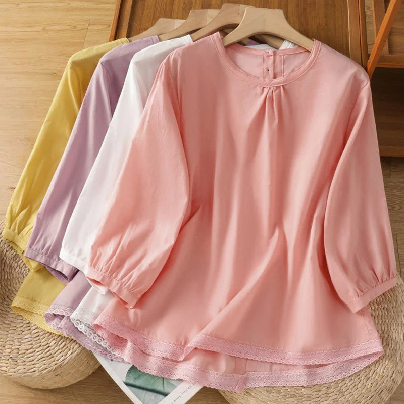 Buddha Stones Plain Lace Hem Single Breasted Button Cotton Linen Three Quarter Sleeve Women's Crew Neck Shirt