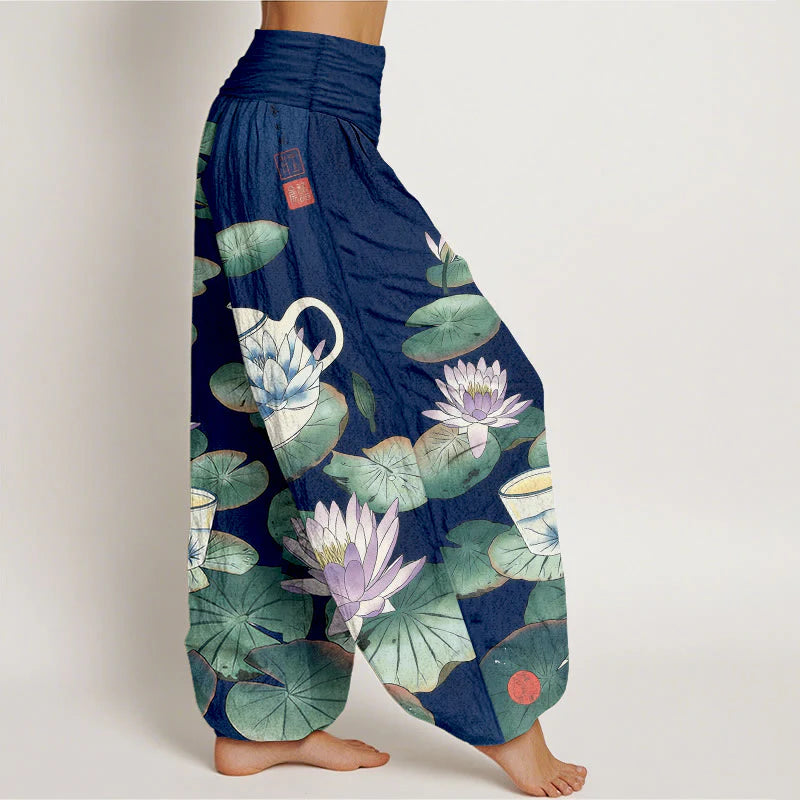 Buddha Stones Pure Cotton Fresh Teapot Cup Lotus Flower Leaf Pattern Women's Elastic Waist Harem Pants