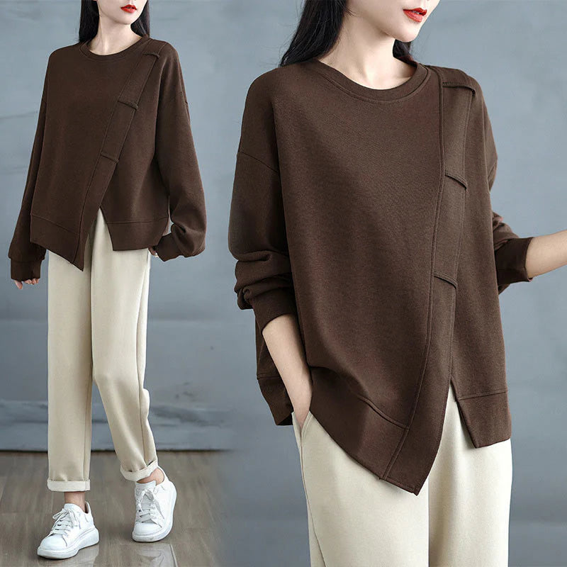 Buddha Stones Fall Solid Color Asymmetrical Design Crew Neck Long Sleeve Women's Cotton Sweatshirt