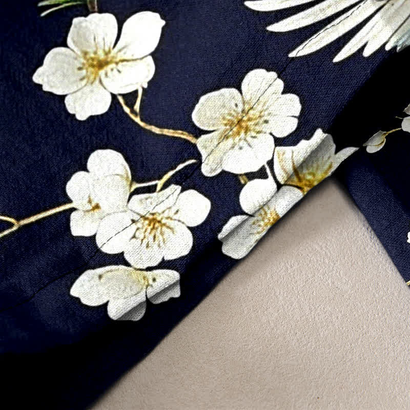 Buddha Stones Pure Cotton Crane Plum Blossom Elastic Waist Women's Pants With Pockets