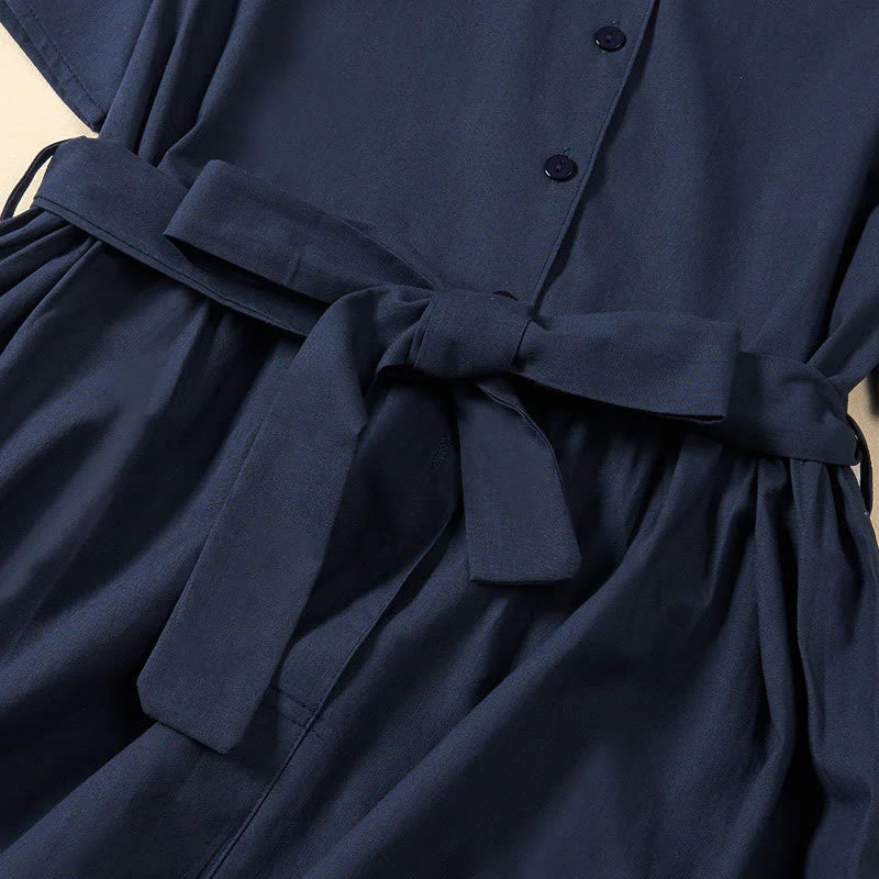 Buddha Stones Summer Solid Color Lace-up A-line Design Short Sleeve Midi Dress With Pockets