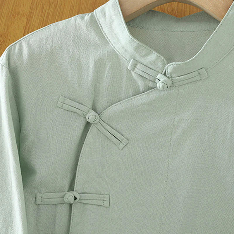 Buddha Stones Casual Vintage Chinese Frog-Button Lace-Up Patchwork Design Women's Cotton Shirt