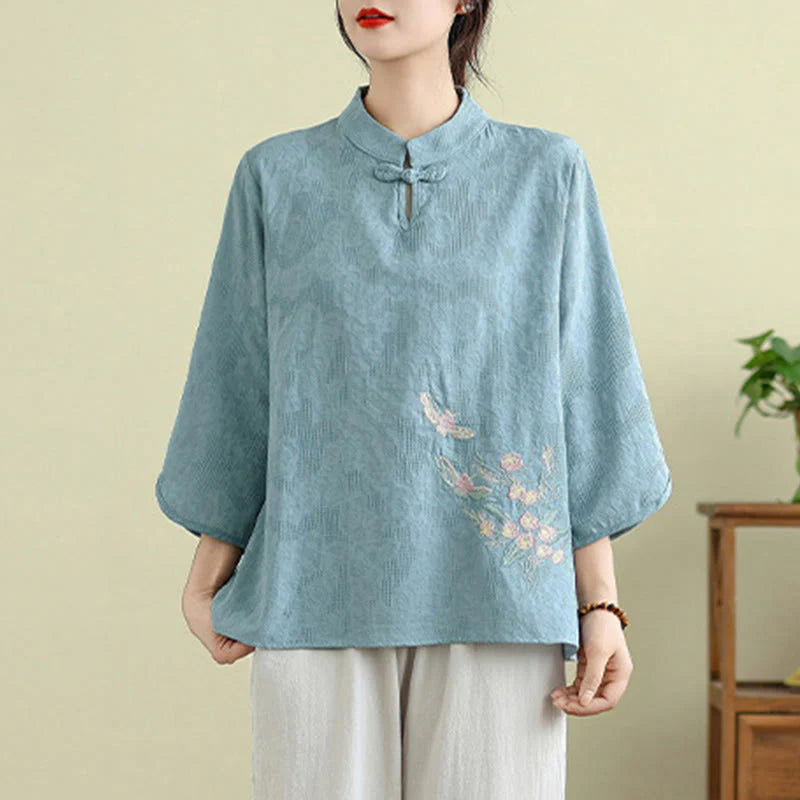 Buddha Stones Flower Embroidery Three Quarter Sleeve One Frog-Button Mandarin Collar Cotton Women's Shirt