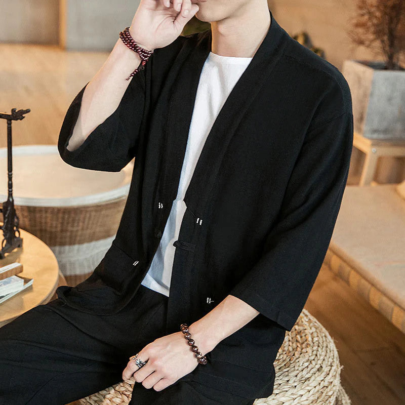 Buddha Stones Plain Chinese Frog-Button Jacket Cotton Linen Men's Three Quarter Sleeve Kimono