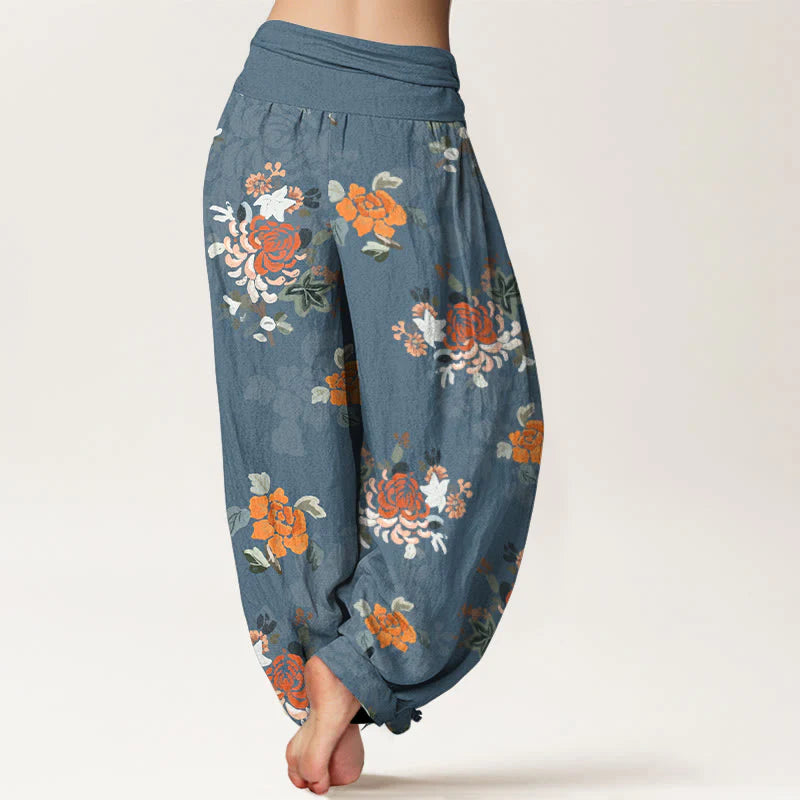 Buddha Stones Pure Cotton Vibrant Color Flowers Leaves Pattern Women's Elastic Waist Harem Pants