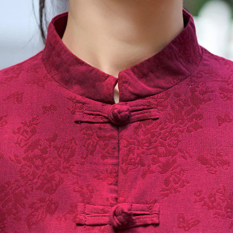 Buddha Stones Frog-Button Long Sleeve Cotton Jacquard Women's Shirt Pants With Pockets