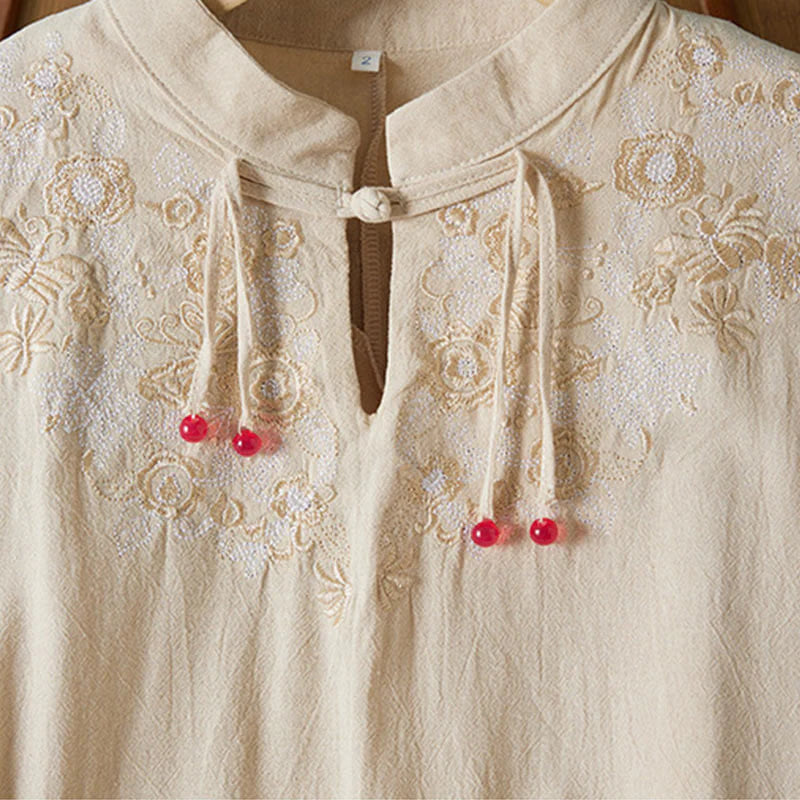Buddha Stones Vintage Embroidery Frog-button Half Sleeve High Waist Cotton Linen Women's Midi Dress