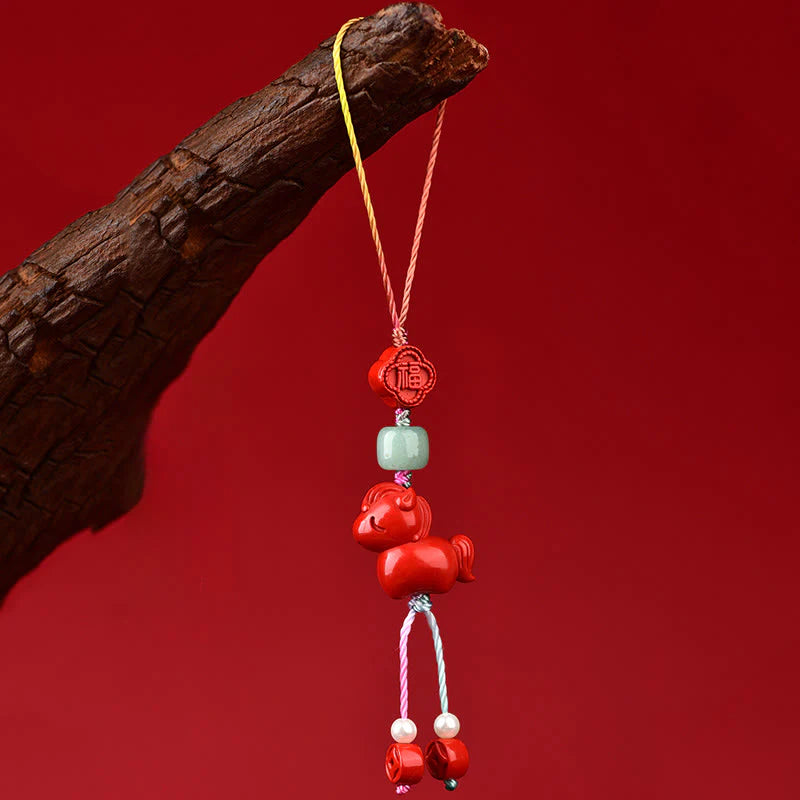 Buddha Stones Year of the Horse Natural Cinnabar Fu Character Blessing Phone Hanging Decoration
