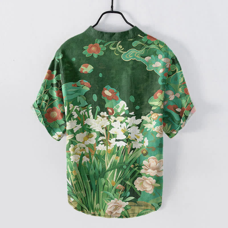 Buddha Stones Cotton Tropical Floral Print Men's Short Sleeve Half Button Shirt