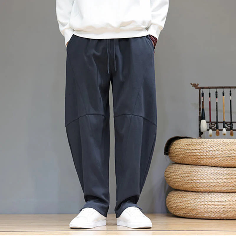 Buddha Stones Winter Solid Color Fleece-lined Men's Cotton Linen Pants With Pockets