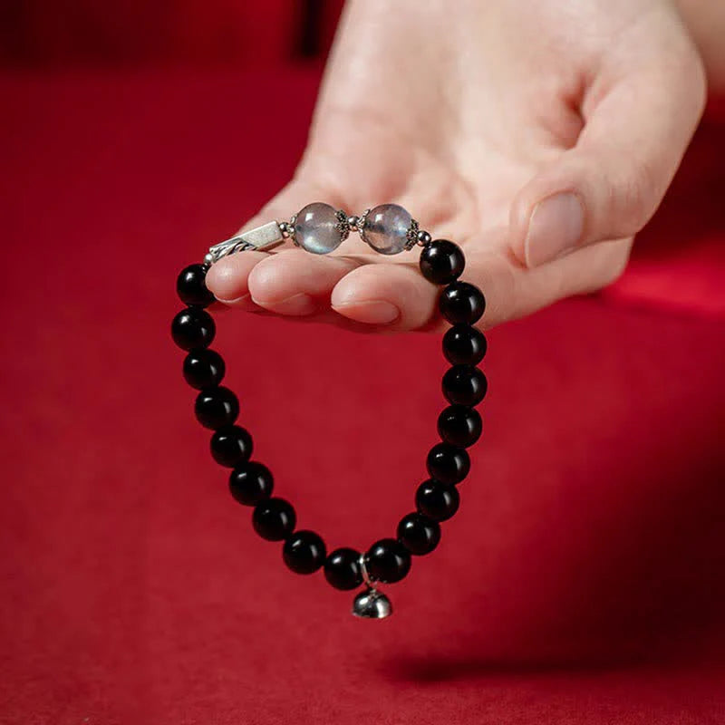 Buddha Stones 925 Sterling Silver Obsidian Moonstone Strength Couple Bracelet
