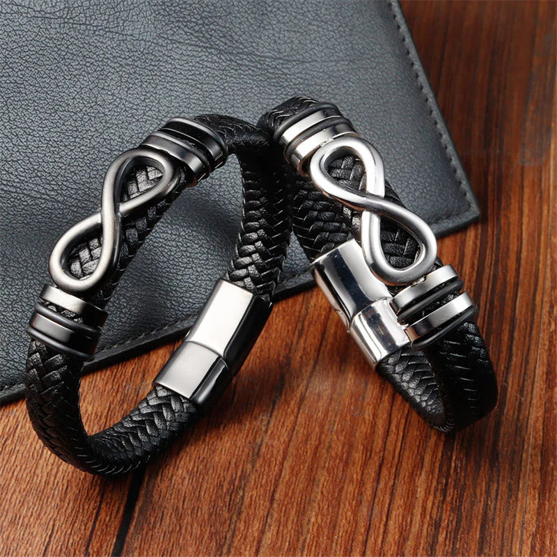 Buddha Stones Endless Knot Design Titanium Steel Strengthen Braided Leather Buckle Bracelet