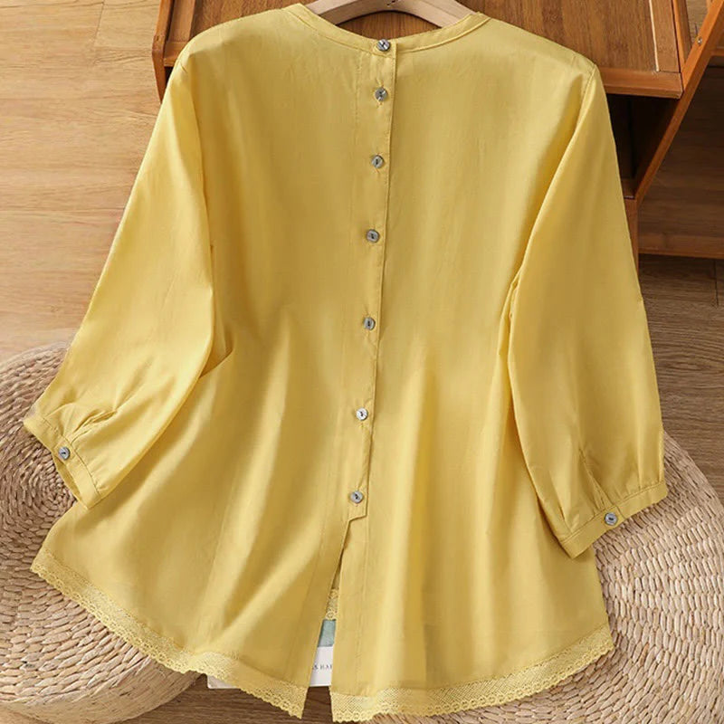 Buddha Stones Plain Lace Hem Single Breasted Button Cotton Linen Three Quarter Sleeve Women's Crew Neck Shirt