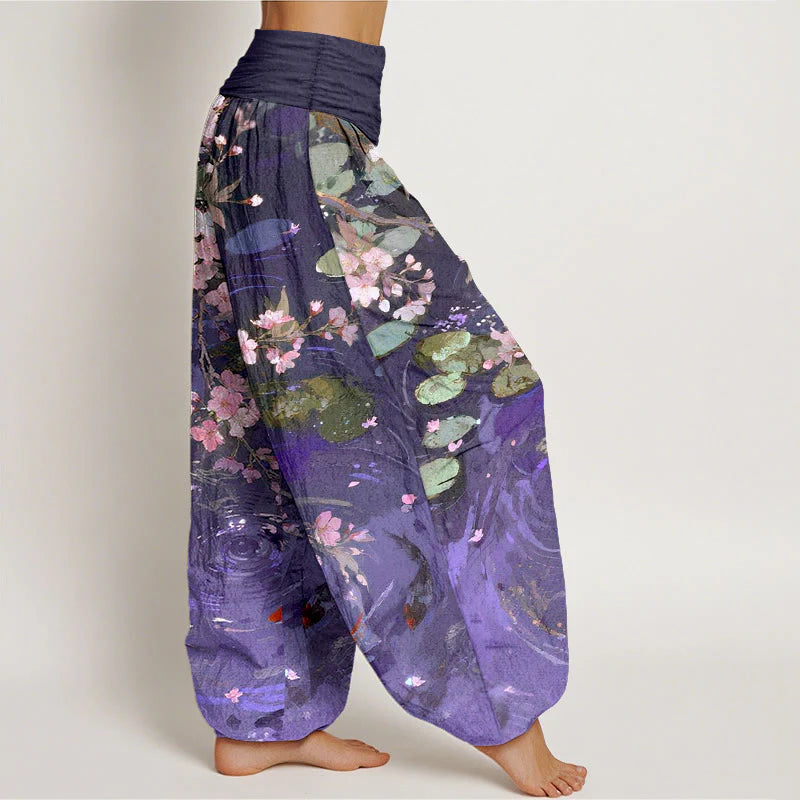 Buddha Stones Pure Cotton Sakura Blossoms Koi Fish Lotus Leaves Women's Elastic Waist Harem Pants