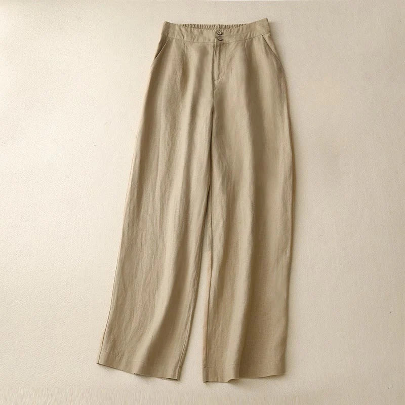 Buddha Stones Summer Casual Simple Design Linen Women's Wide Leg Pants With Zipper Pockets