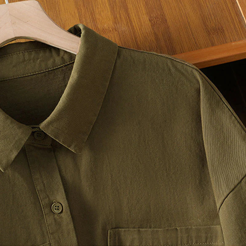 Buddha Stones Spring Plain Lapel Long Sleeve Women's Cotton Shirt With Pockets