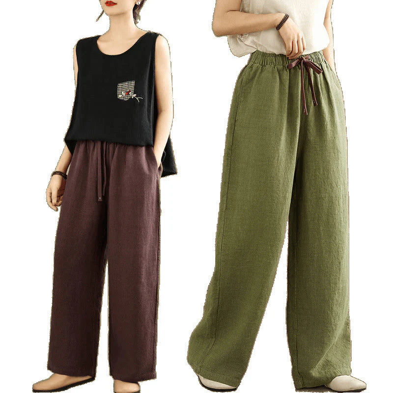 Buddha Stones Commute Retro Solid Color Women's Harem Drawstring Cotton Pants With Pockets