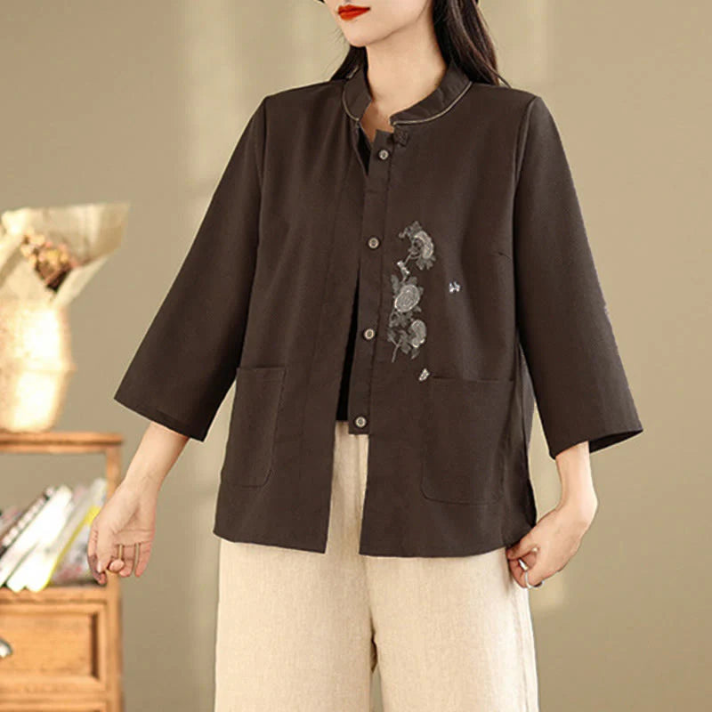 Buddha Stones Commute Embroidery Floral Pattern Three Quarter Sleeve Women's Cotton Shirt With Pockets