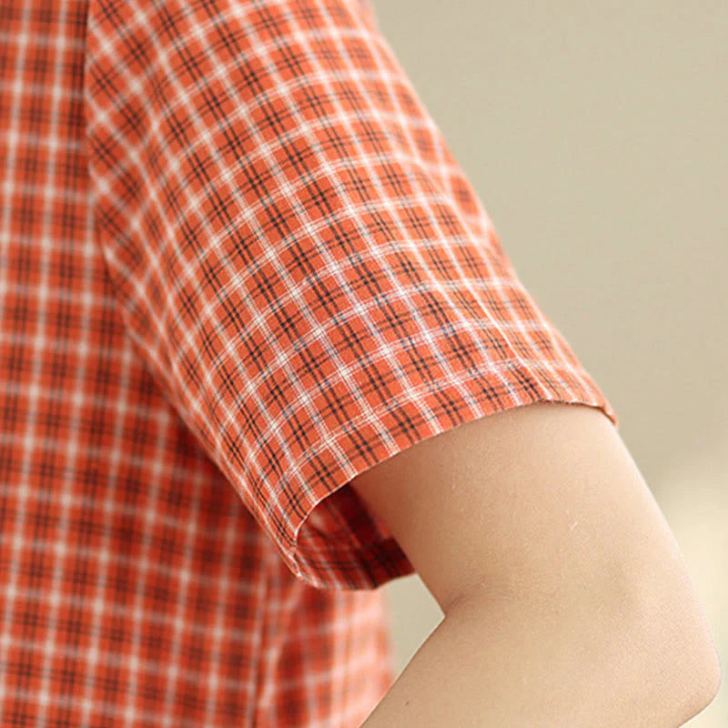 Buddha Stones Commute Plaid Pattern Simple Design Cotton Linen Short Sleeve Midi Dress With Pockets