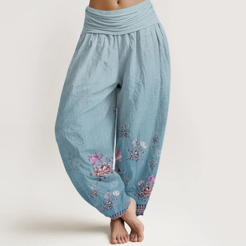 Buddha Stones Cotton Casual Plant Peony Petals Pattern Women's Elastic Waist Harem Pants